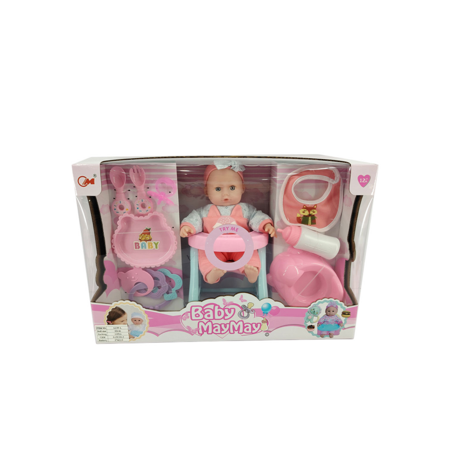 Baby doll with eating chair in a box